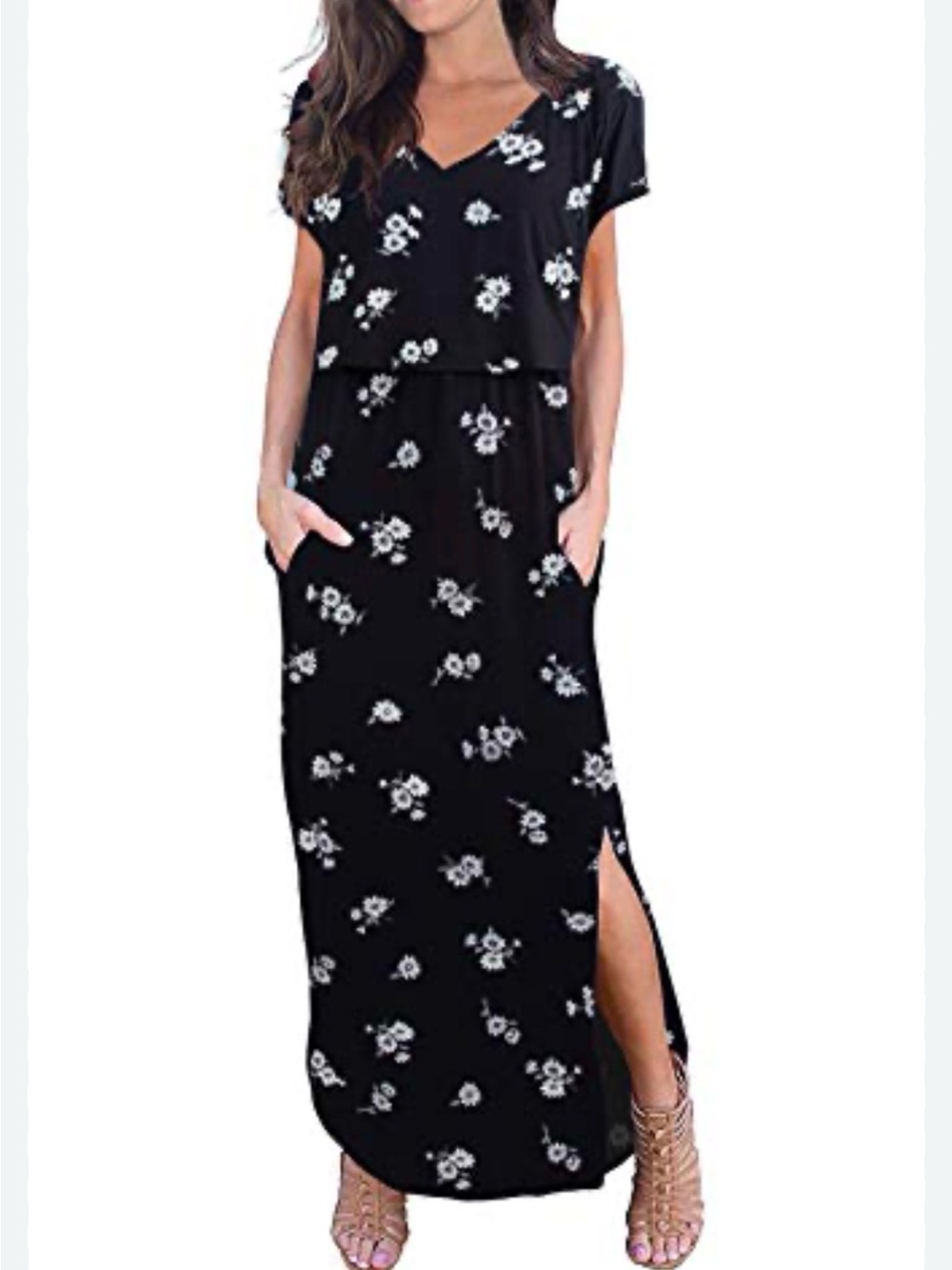 SMALLSHOW Maternity Black Floral V-Neck MaxiSide Slit Pockets Size M